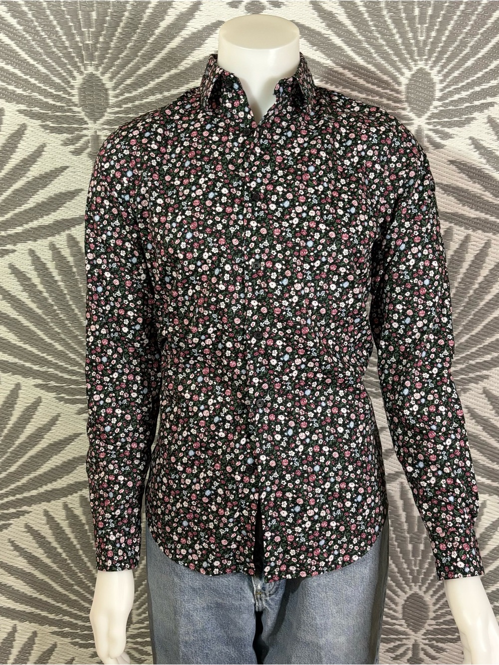 Express Extra Slim Floral Shirt Men’s S Black Pink Indie Cottagecore